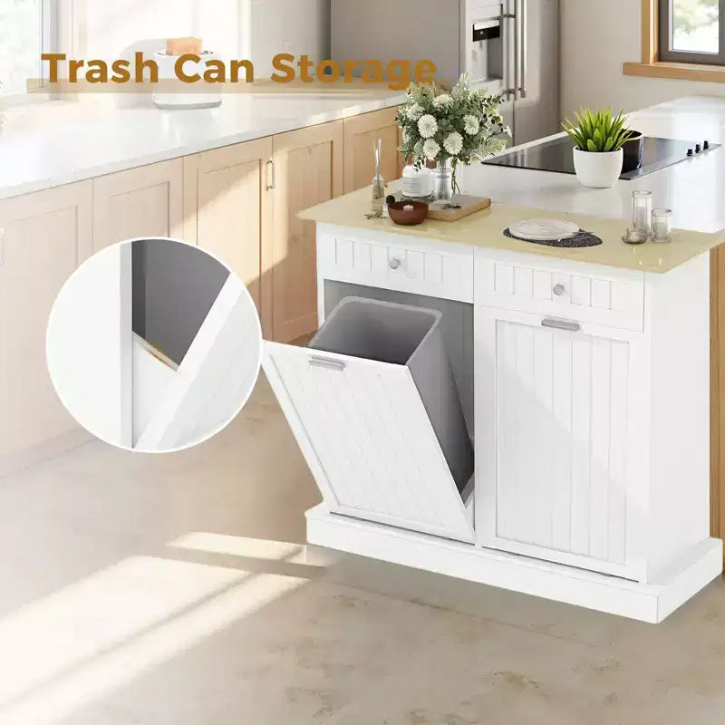 20 Gallons Tilt Out Trash Cabinet, 2 Door Wood Garbage Recycling Cabinet with Drawer, Freestanding Pet Proof Trash Bin for Kitchen Living Room – Image 4