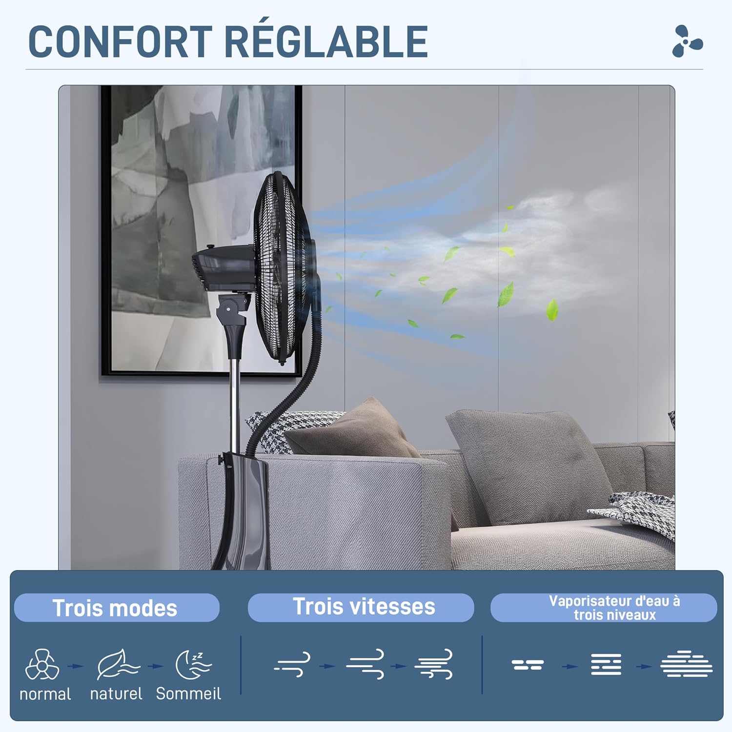HOMCOM Ventilateur brumisateur sur roulettes ventilateur sur pied 90 W télécommande affichage LED télécommande minuterie 3 modes 3 vitesses oscillant, inclinable réservoir 3L - noir – Image 4