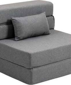 HOMCOM Fauteuil Convertible 1 Place 3 en 1, Fauteuil lit Pliant, chauffeuse 1 Place en Lin avec Large Assise, Coussin Inclus, Matelas Pliable 210 cm pour invités, Salon, Petit Espace, Gris