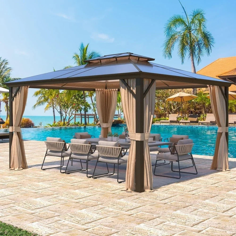 EROMMY Hardtop Gazebo,Outdoor Pergola with Double Roof & Netting & Curtains,Heavy Duty Canopy for Patio, Backyard, Pool party – Image 49