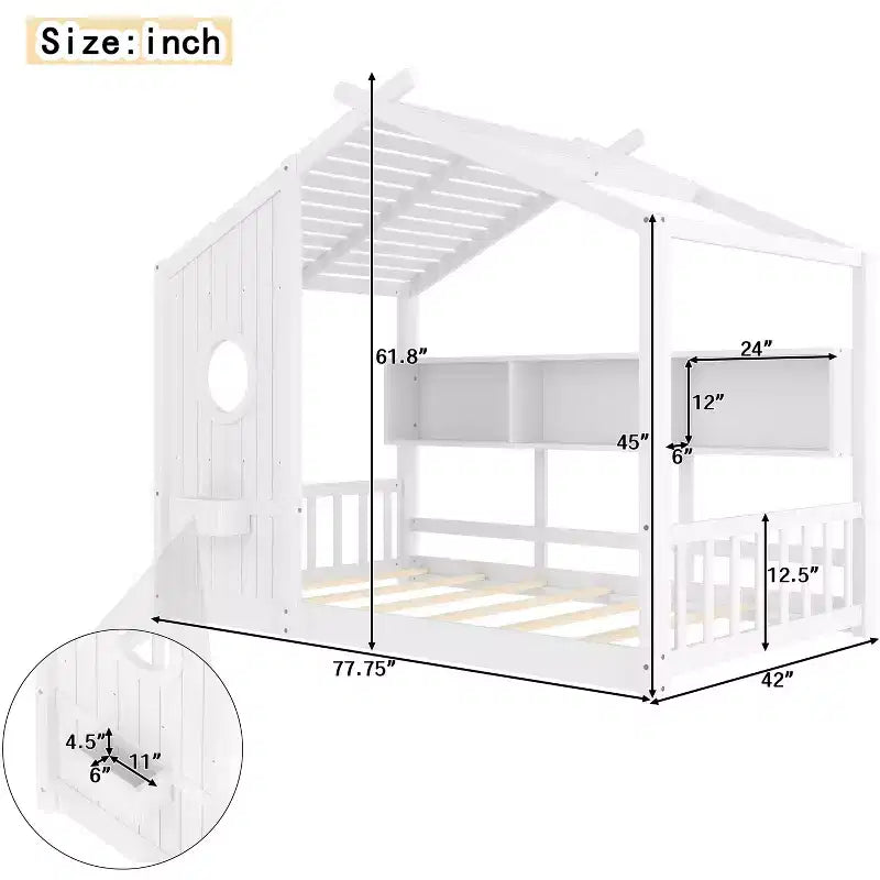Polibi Floor House Bed with Built-In Storage Shelves & Slatted Roof – Image 15