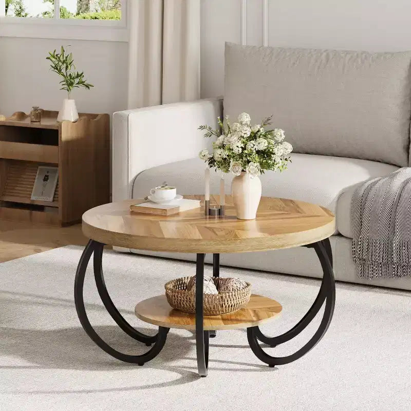 30 Inch Round Industrial Coffee Table 2-Tier with Adjustable Feet Wood Grain Shelf Flame Design Easy Assembly Living Room – Image 3