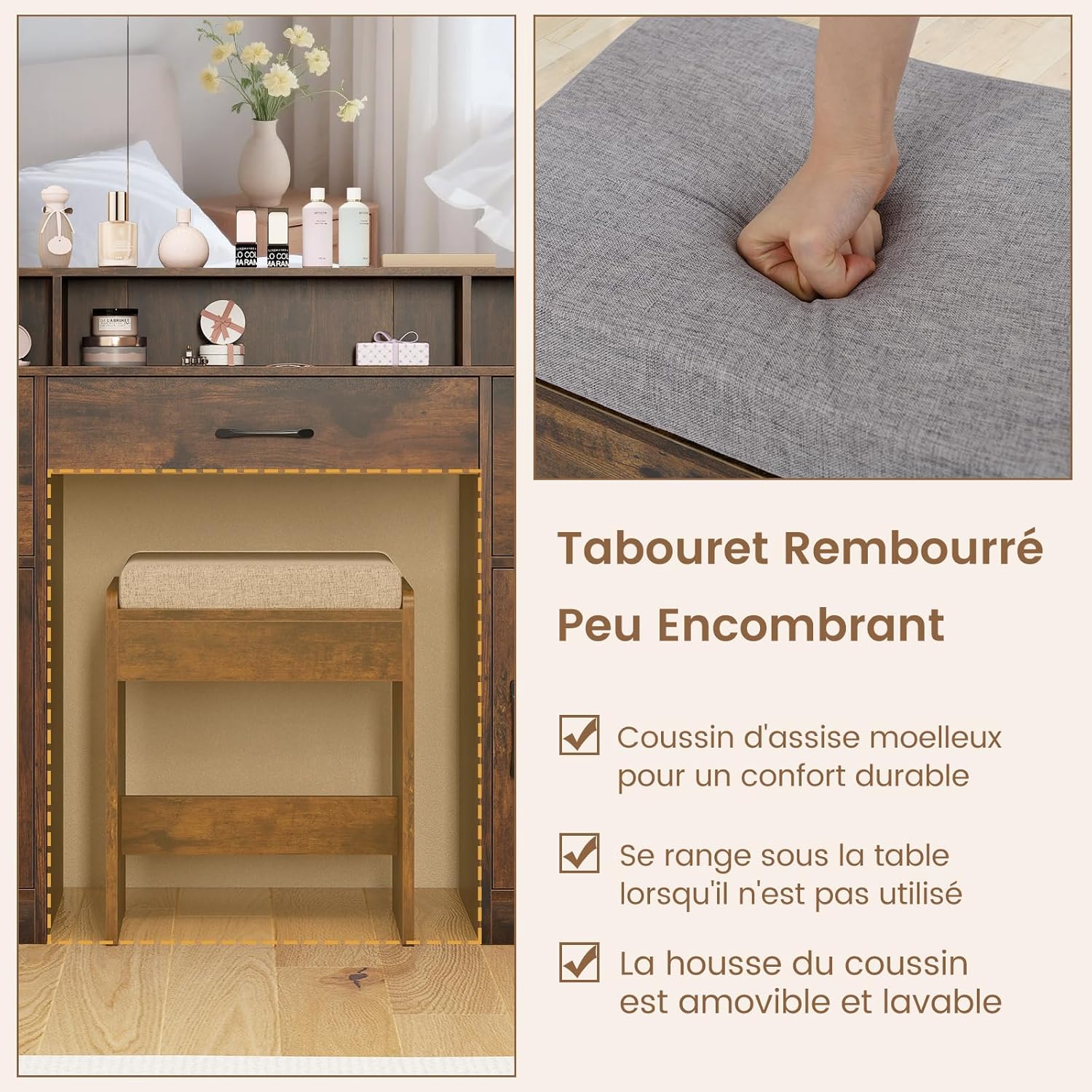 COSTWAY Coiffeuse avec Miroir et Tabouret, Coiffeuse avec Rangement, Station de Charge, 3 Couleurs de Lumière, Table de Maquillage 108 cm de Large, 3 Compartiments, 3 Tiroirs, 2 Armoires Industriel – Image 6