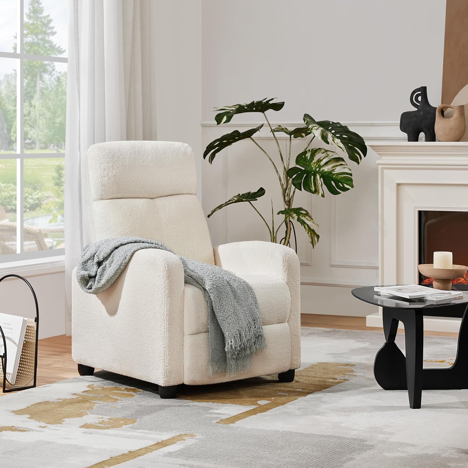 Yaheetech Fauteuil de Relaxation Chaise de Détente Siège de Canapé Fauteuil en Tissu Bouclette Doux avec Repose Pied/Chambre à Coucher/Home Cinéma/Salon Ivoire – Image 9