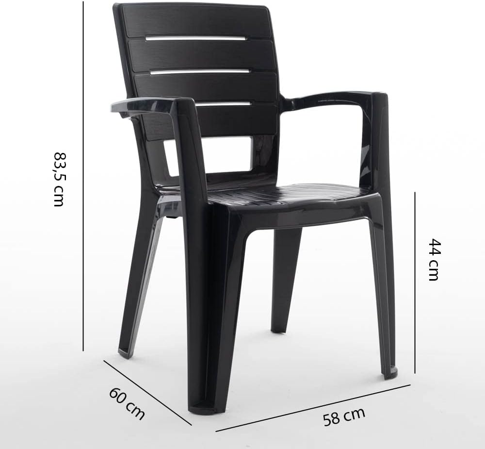 Ensemble repas de jardin ou d'extérieur pour 6 personnes anthracite effet bois, table rectangulaire en acier peint avec lattes en polyéthylène, 6 chaises empilables en polypropylène - Thomas & Anita – Image 8