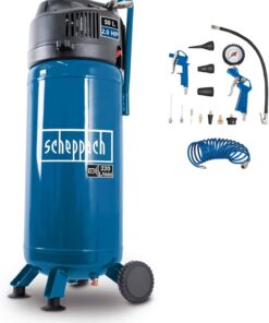 Scheppach Compresseur vertical portatif HC51V – Moteur puissant 1500 W – Sans huile – Cuve de 50 L – 10 bar – aspiration 220 L/min – Tuyau de 8 m + 13 accessoires inclus