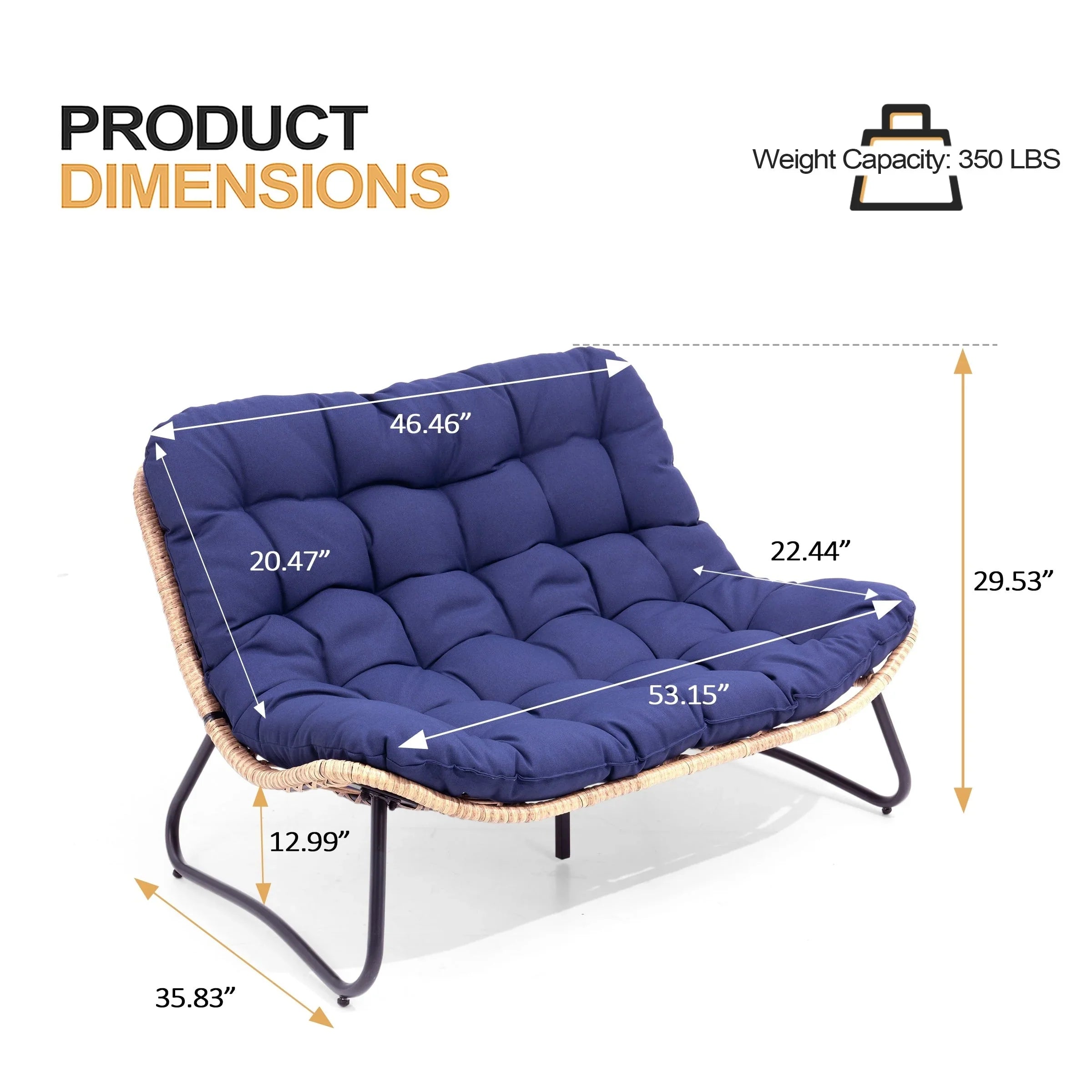 Double Papasan Chair Loveseat with Cushion, All-weather PE Rattan and Metal Frame for Indoor Outdoor – Image 17