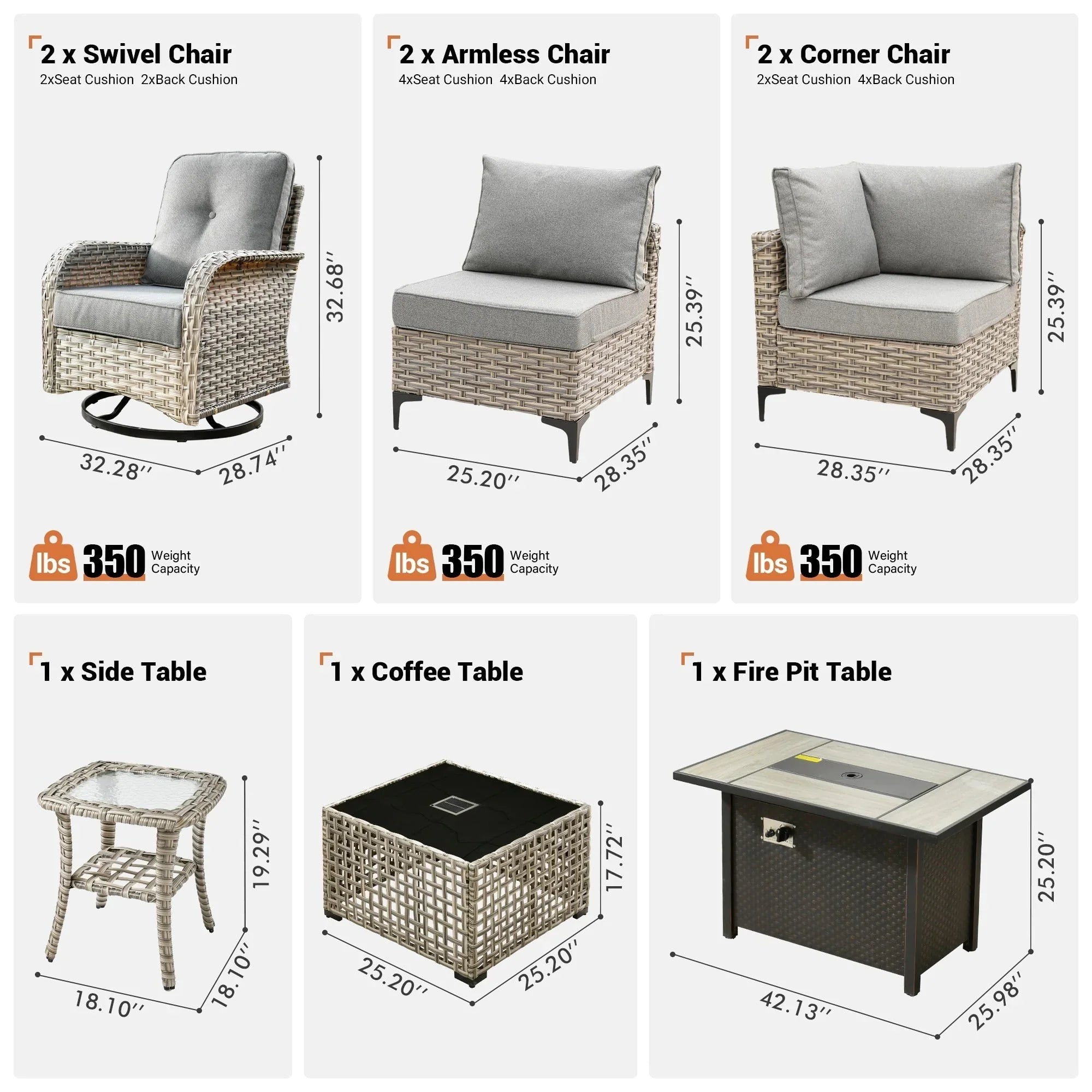 OVIOS 9 Pieces Outdoor Wicker Swivel Chair Set With Fire Table – Image 66