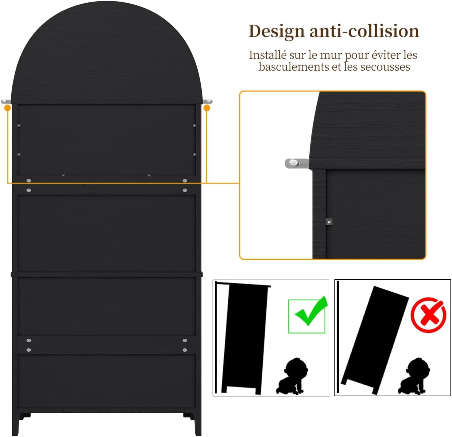 KOMHTOM Armoire de Rangement Haute, Armoire en Bois, Meuble de Rangement, Conception avec Dessus Incurvé, 3 Tiroirs, 2 Portes, pour Cuisine et Salon Noir – Image 8