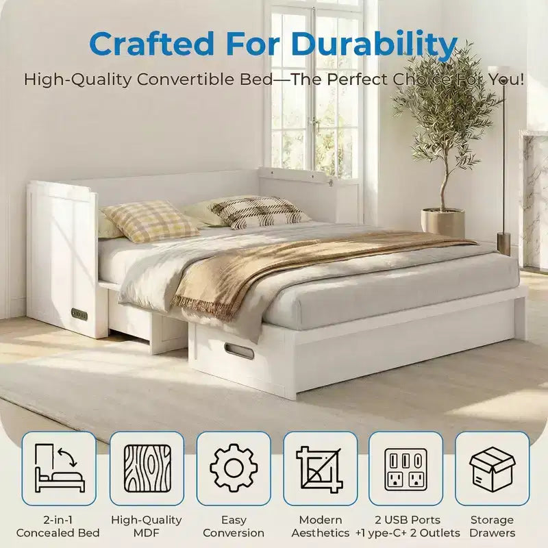 Mjkone Queen Size Convertible Murphy Cabinet Bed with Mattress, USB Charging, Storage Drawers – Image 35