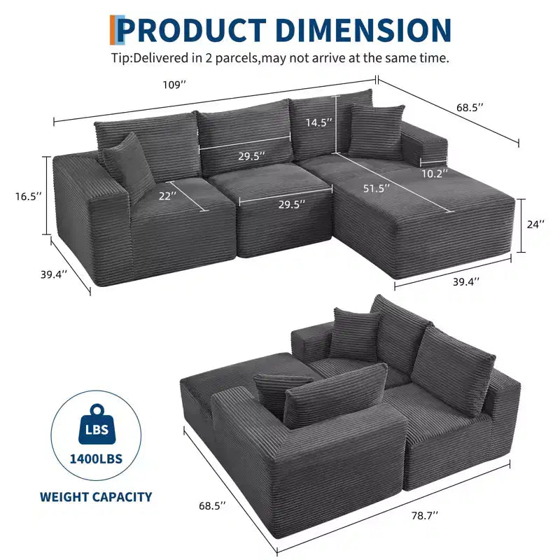 108 Modern Sofa Couch, 3 Seater Upholstered L Shaped Sofa with Pillows, Deep Seat Sofa, No Assembly Required – Image 42