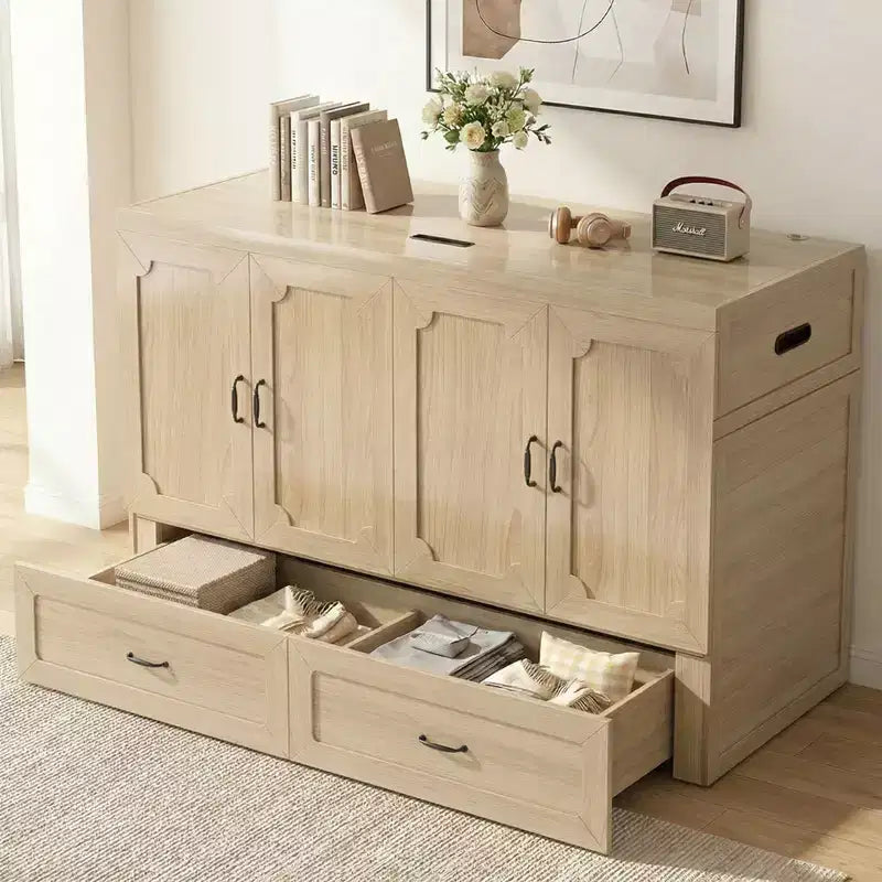 Mjkone Queen Size Convertible Murphy Cabinet Bed with Mattress, USB Charging, Storage Drawers – Image 19