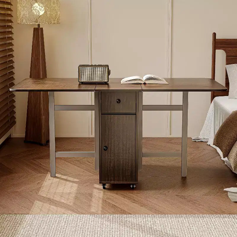 ATJafurn 59'' Foldable Dining Table with Drop Leaves for Small Space, Rectangular Wooden Extendable kitchen Table with Wheels and Storage – Image 13
