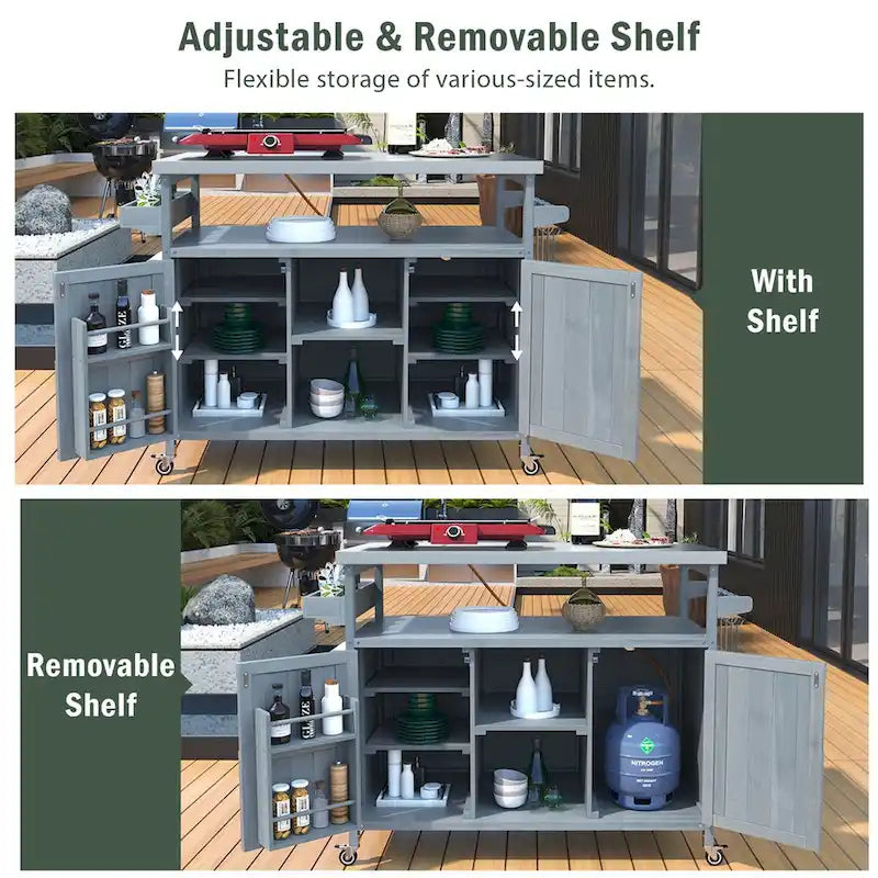 Outdoor Kitchen Island, Rolling Bar Cart & Storage Cabinet,Solid Wood Grill Table with Stainless Steel Top,Spice Rack,Towel Rack – Image 16