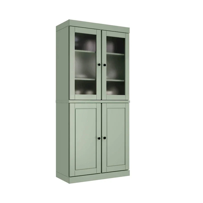 100% Solid Wood Pantry Cabinet with Frosted Glass Doors, Solid Doors, 2-Drawers and Adjustable Shelves – Image 22