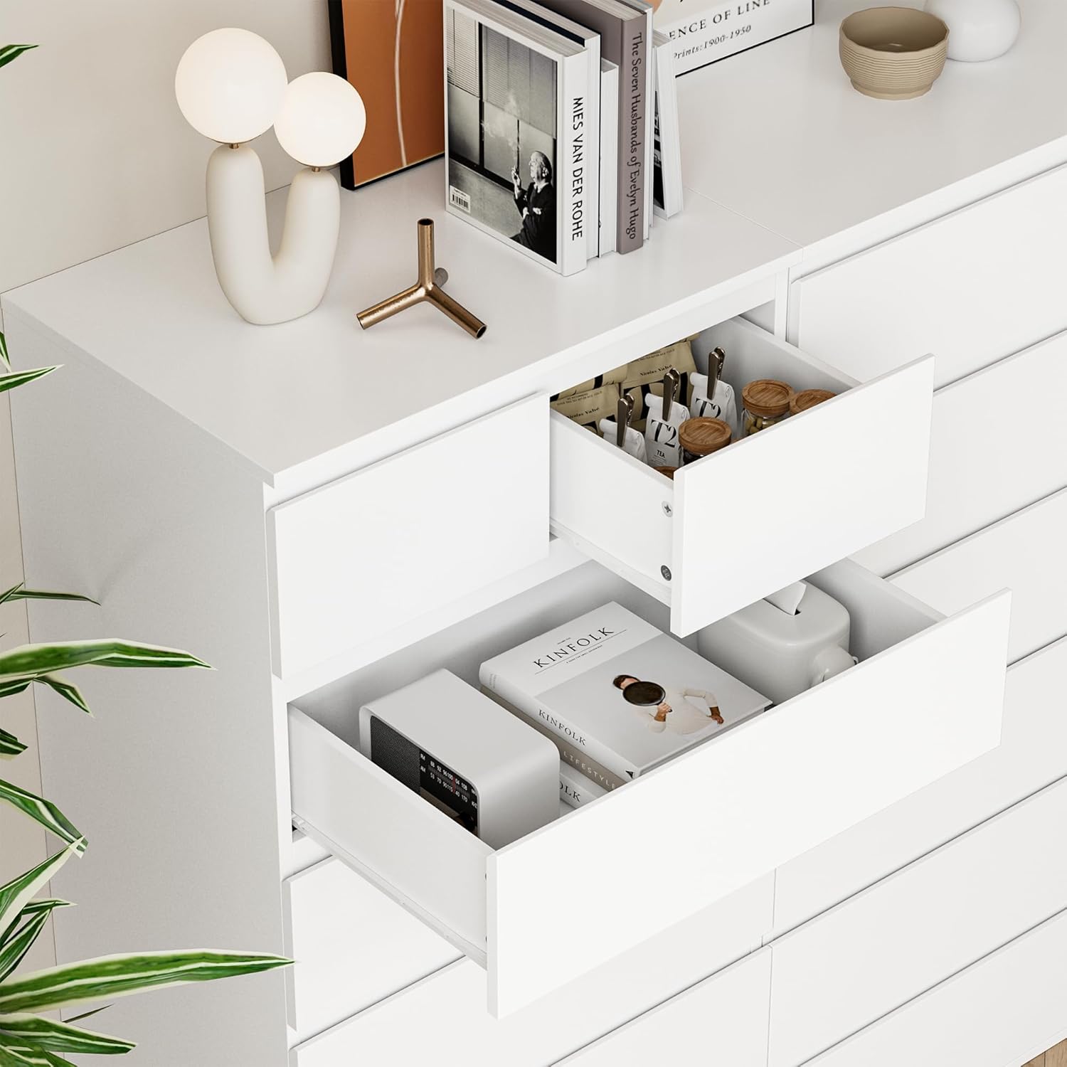 FOREHILL Commode 7 Tiroirs Commode Chambre Adulte Chiffonnier Haut Commodes Rangement Blanche Armoire à Tiroirs pour Salon Couloir en Bois 60x40x119cm – Image 5