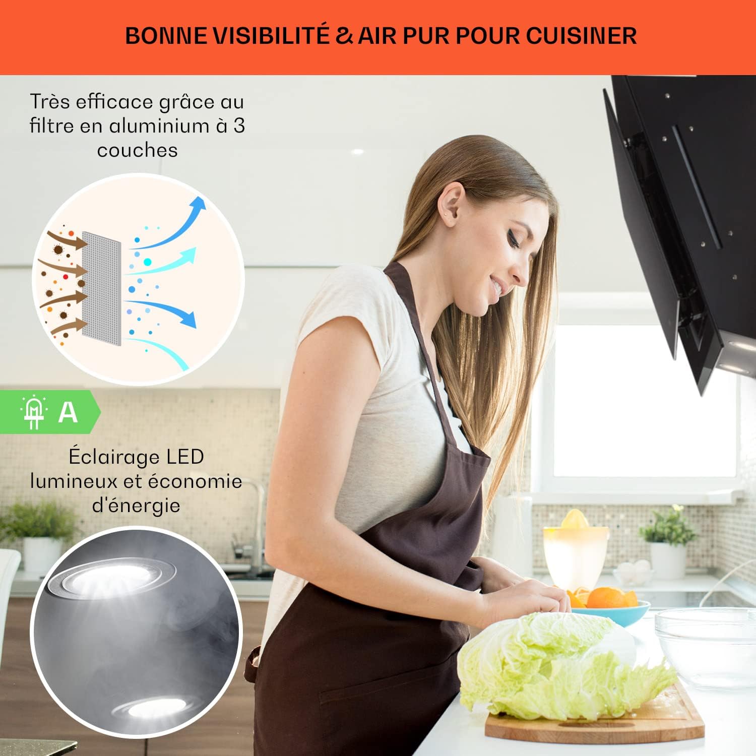 Klarstein Alina 60 Hotte Aspirante - 600 m3/h, Panneau Tactile, LED Multicolore, Silencieuse 63 dB, Énergie Classe A, Hotte Décorative, 60 cm, Noir – Image 4