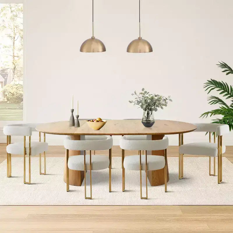 3-in-1 Oval Extendable Dining Table Set with 6 Chenille Upholstered Chairs Featuring Gold Metal Legs, Versatile Dining Furniture-Panipeachy – Image 12