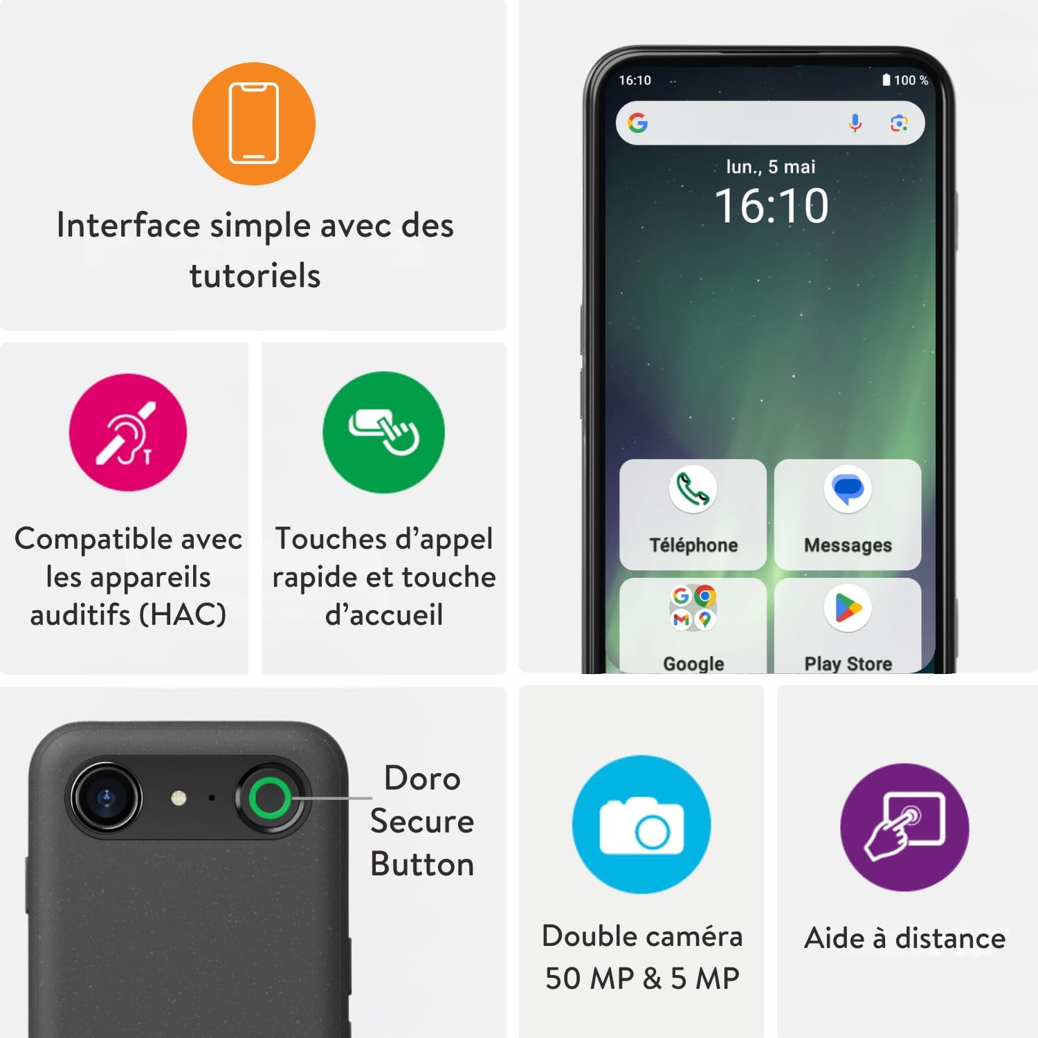 Doro - Téléphone Aurora A30 - Téléphone Portable Senior - Facile à Utiliser - Touche d'Assistance avec Localisation GPS - Compatible Appareils Auditifs - Câble USB Inclus - Graphite – Image 3