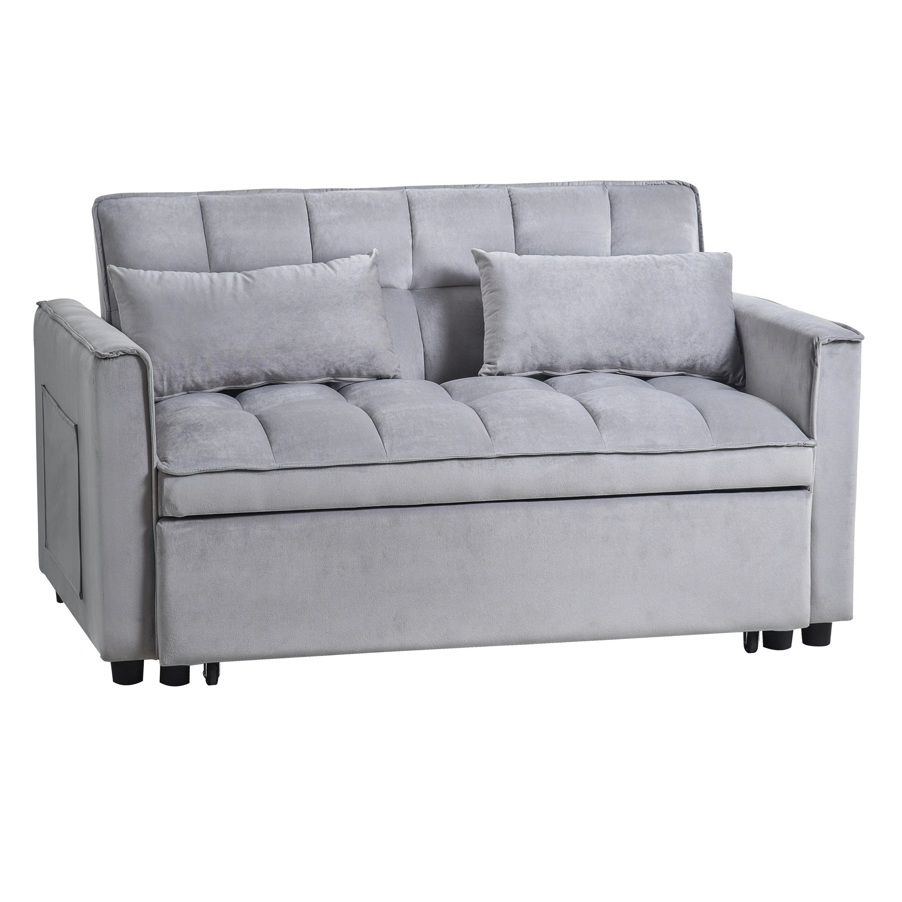 Modern Pull-Out Couch Bed, 3-in-1 Sleeper Sofa with Adjustable Backrest, Velvet Loveseat, Pillows & Side Pockets – Image 7