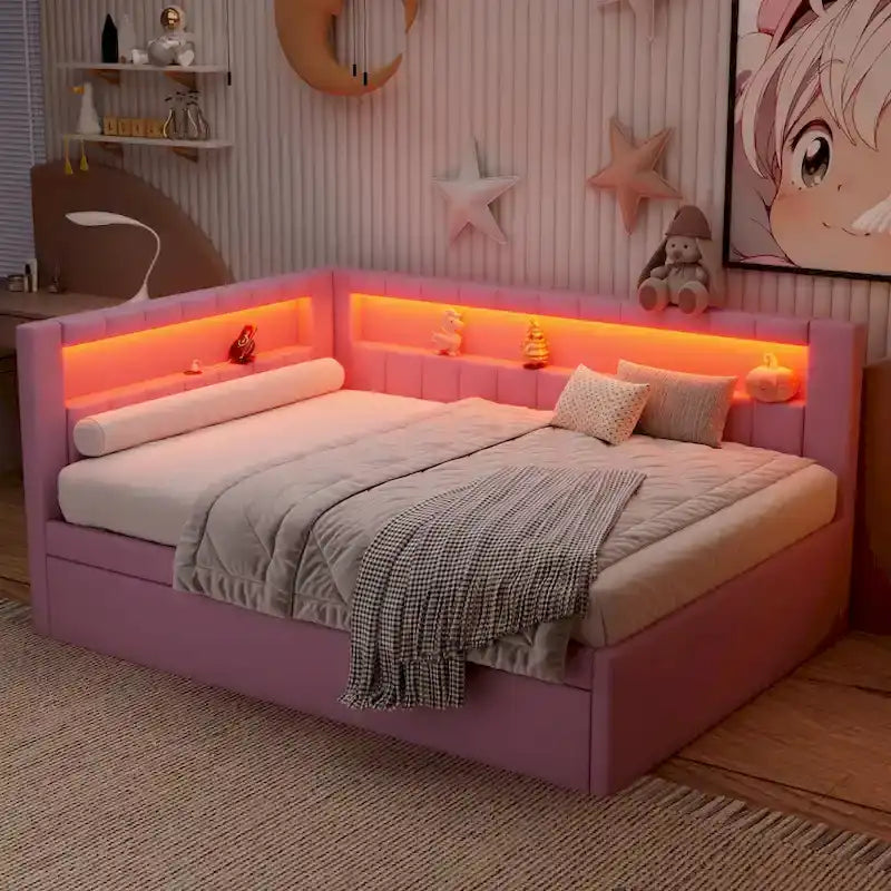 Upholstered Platform Bed with USB Ports & LED Lighting - Full/Twin Size Bed Frame with 2 Storage Drawers - Modern Bedroom – Image 12