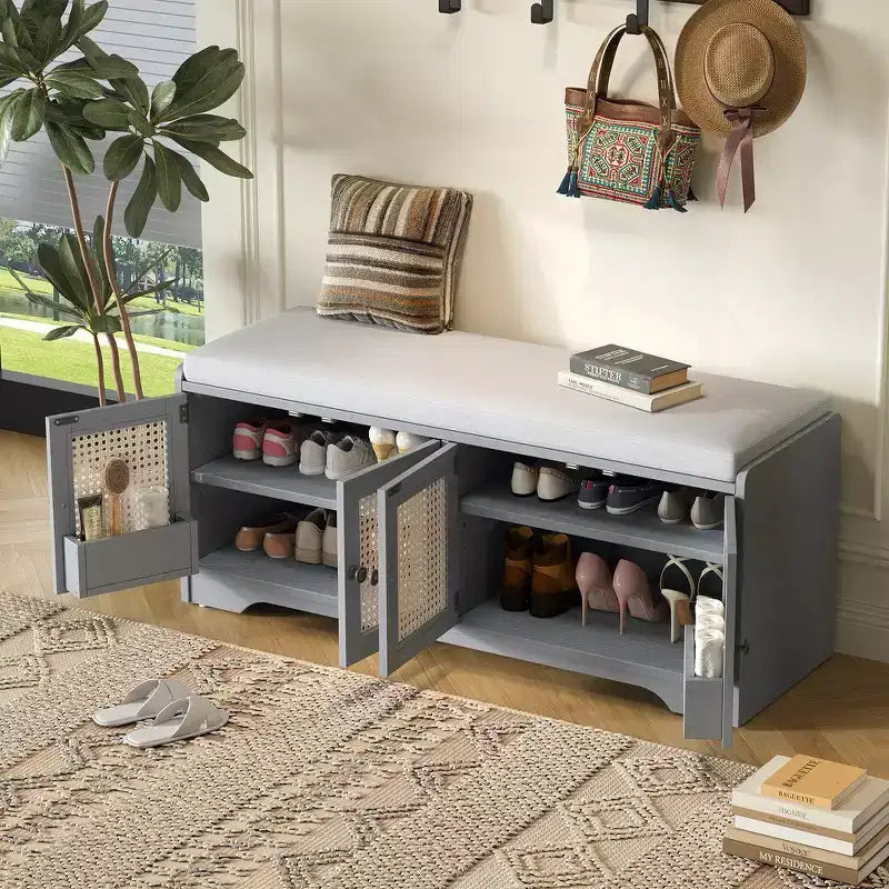 Whisen Rustic Wood Storage Bench, Entryway Shoe Bench with Removable Cushion, Adjustable Shelves – Image 49