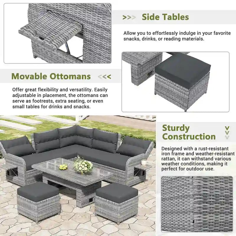 Outdoor Rattan Sectional Sofa Set with Adjustable Table & Recliners – Image 7