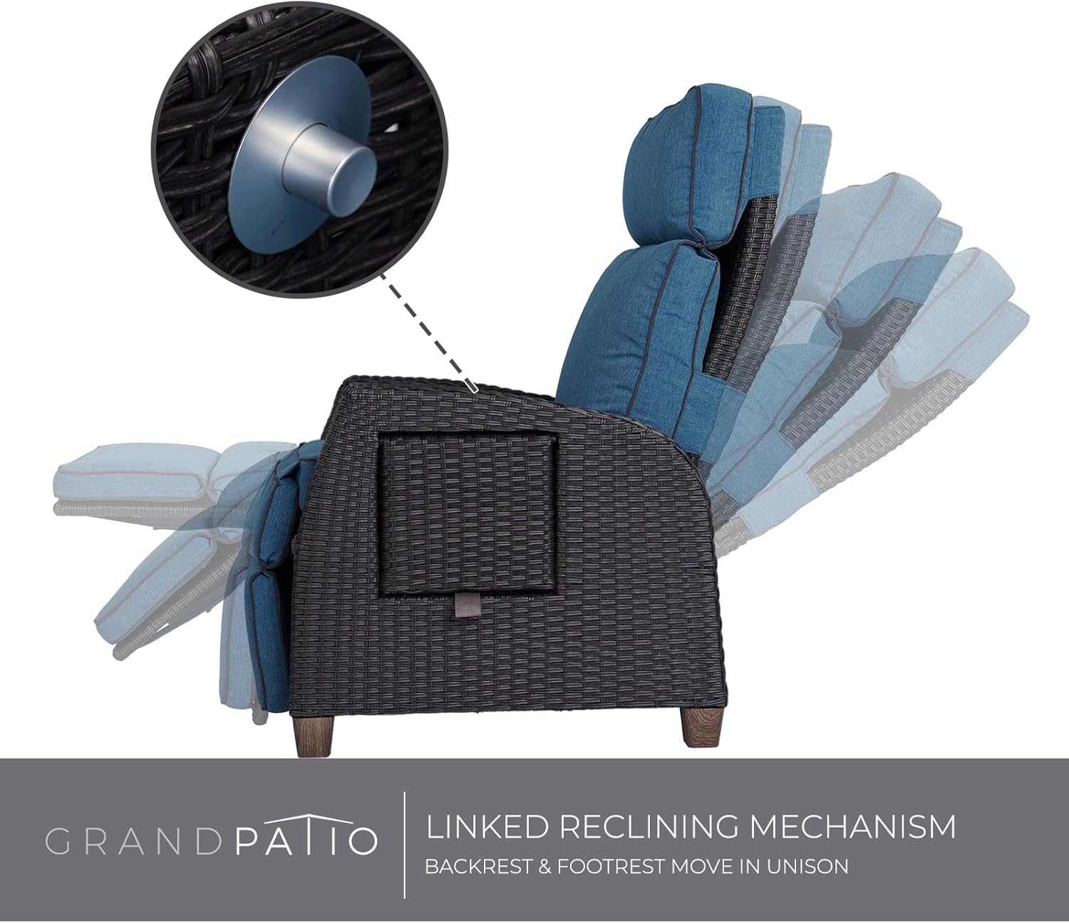 Grand patio Chaise longue inclinable à position réglable avec table rabattable et coussin pour jardin, cour, terrasse, extérieur – Coussin bleu paon et osier marron – Image 6