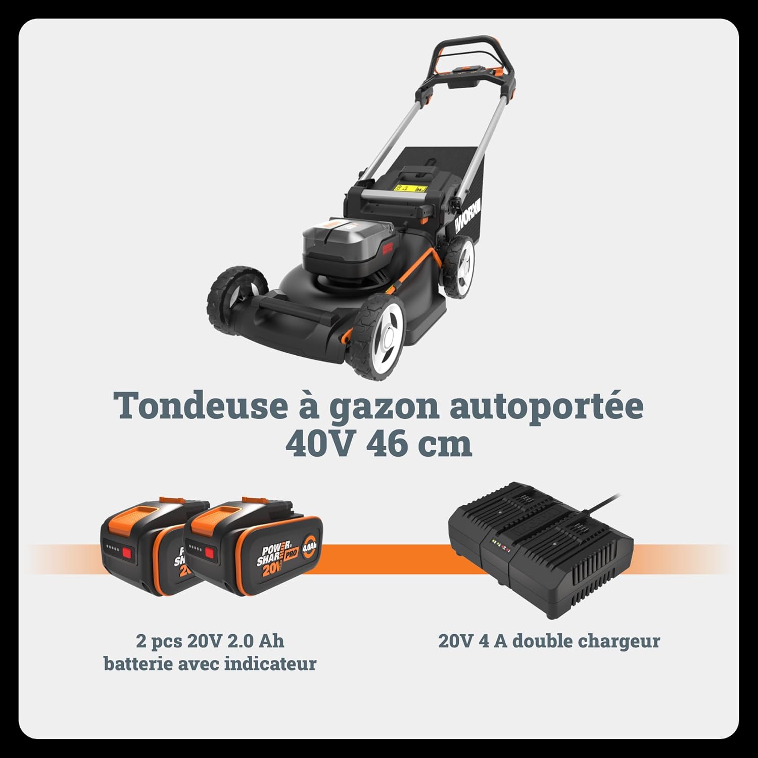 WORX Tondeuse à Gazon tractée Brushless sans Fil 40V WG749E, jusqu'à 500m² sur Une Charge, diam. 46cm, Coupe jusqu'aux Bordures, Sac de 55 L, Mulching, livée avec 2 Batteries 4Ah et Chargeur – Image 9