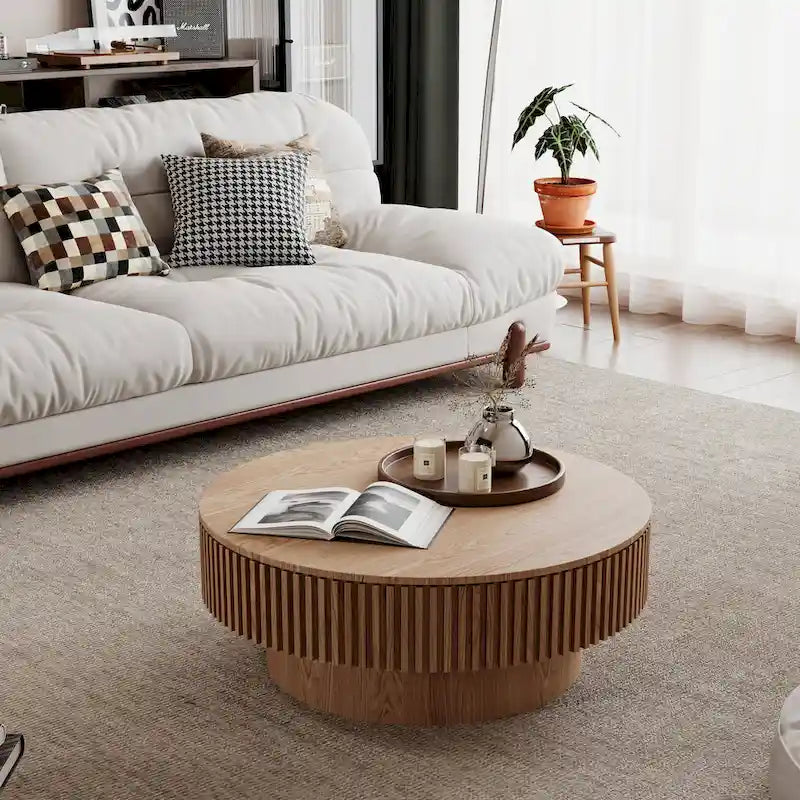 Modern Solid Wood Veneered Round Coffee Tea Table with Storage – Image 12