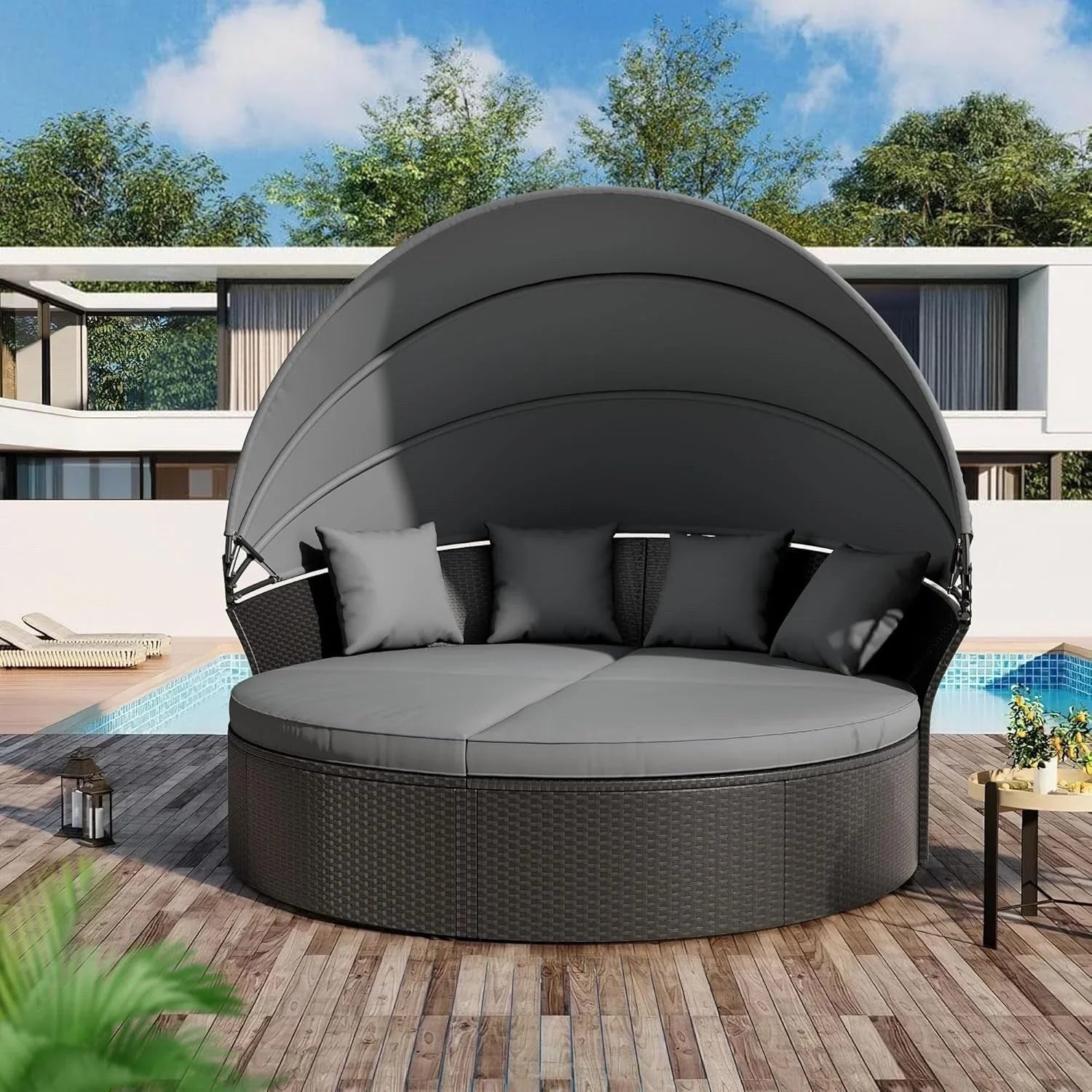 Nuon 4-Piece/5Piece Outdoor Patio Conversation Set Wicker Daybed Set with Canopy by Havenside Home – Image 2