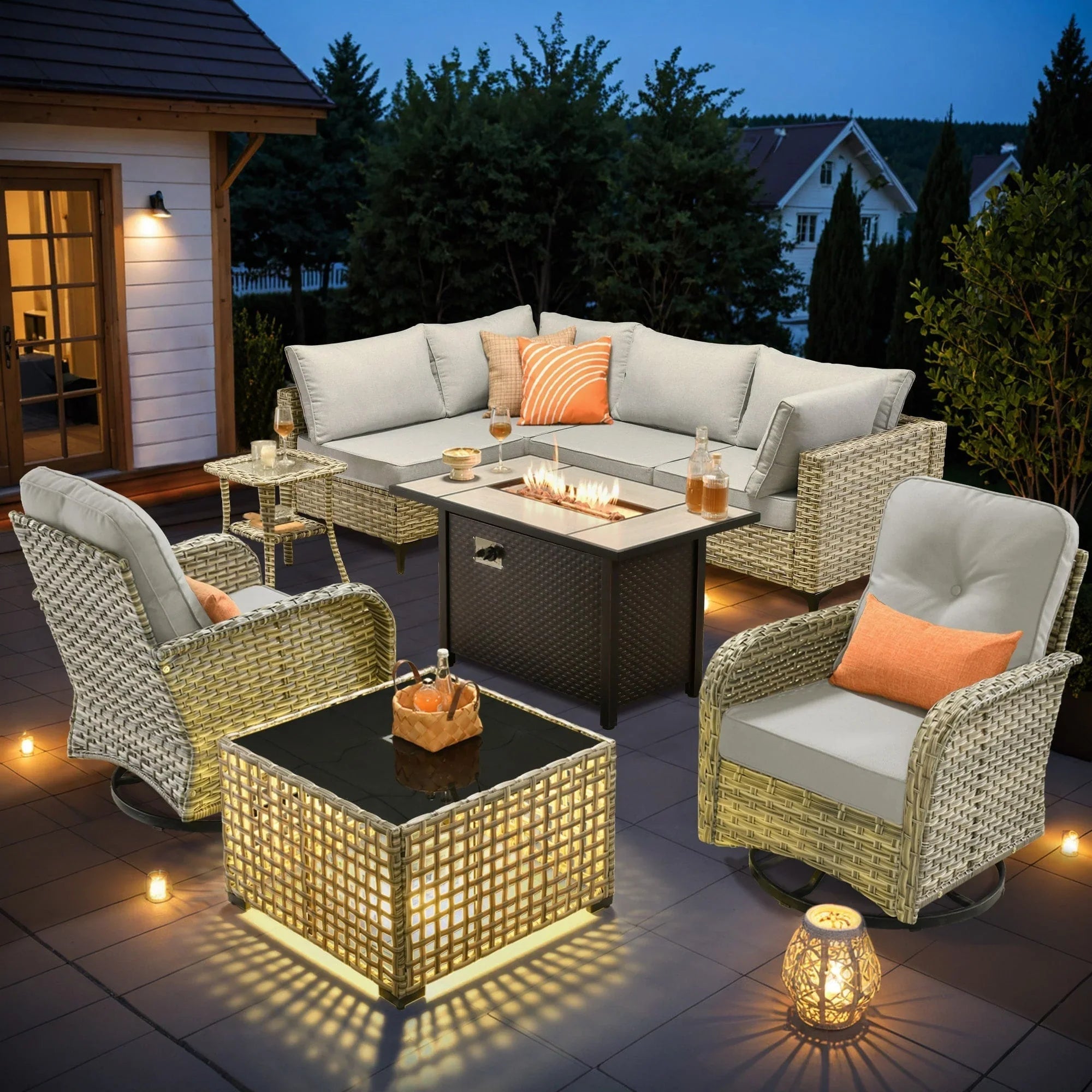 OVIOS 9 Pieces Outdoor Wicker Swivel Chair Set With Fire Table – Image 20
