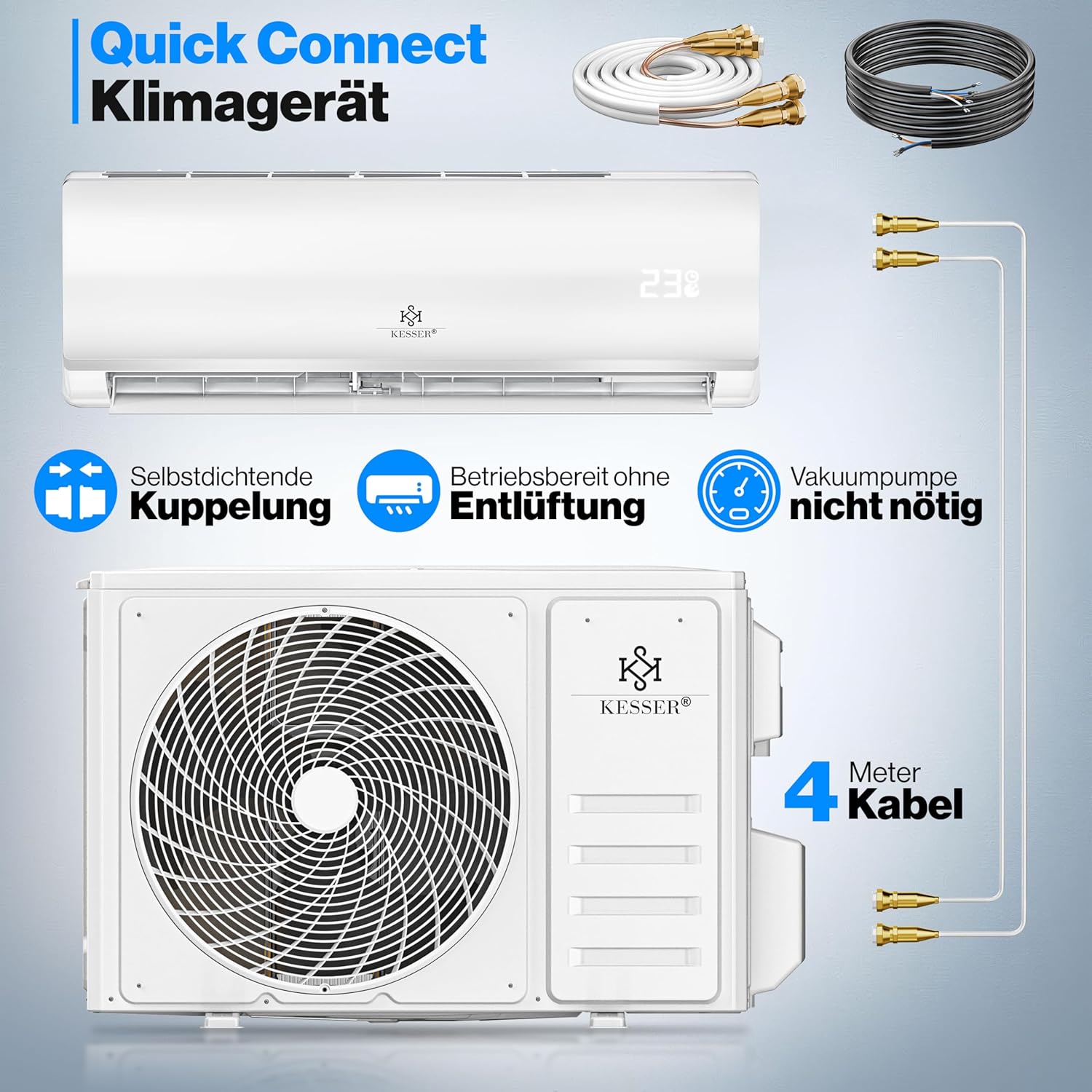 Kesser® Kit de climatisation Split Quick Connect 12000 BTU 3,4 kW – Appareil climatiseur WiFi & App avec fonction de chauffage & mode de refroidissement Climatiseur mural, avec tuyauterie en cuivre – Image 2