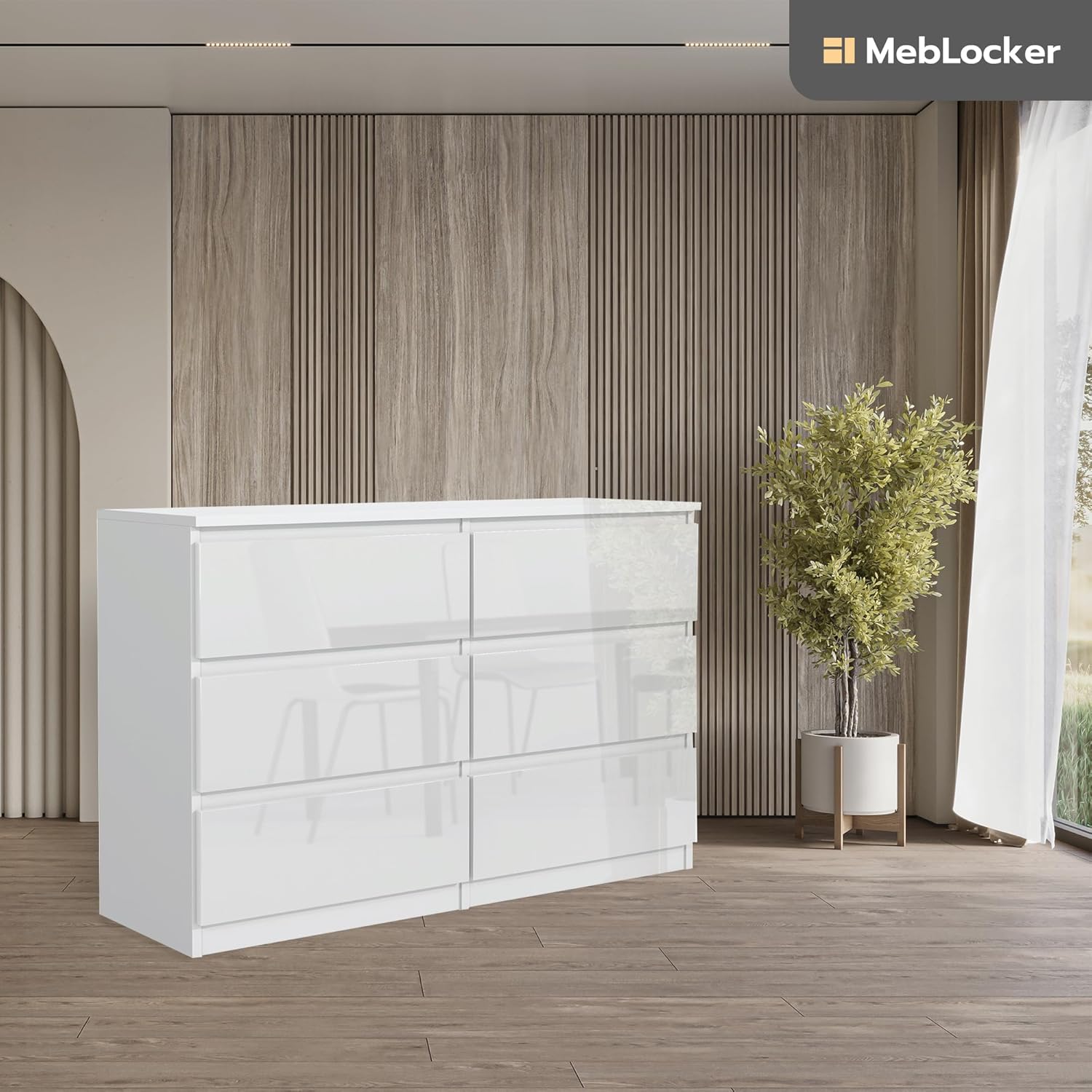 MebLocker Commode 6 Tiroirs Brillance Blanche 120 cm - Design Minimaliste - 120 x 39 x 78,5 cm - Meuble de Rangement Spacieux pour Chambre, Salon ou Bureau – Image 2