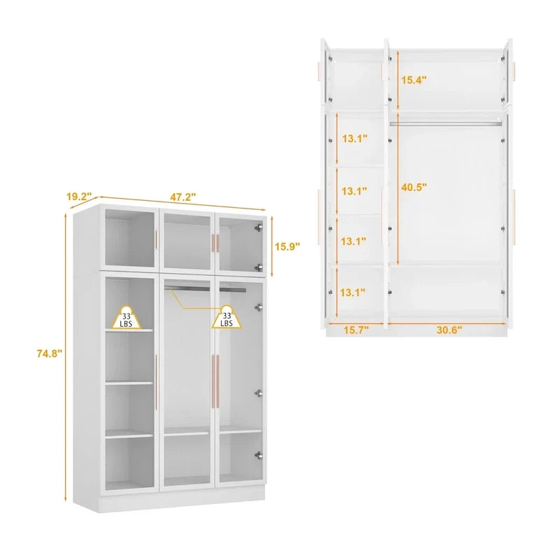 47.2 Wide Armoire LED Light All Glass Door Closet Cabinet Wardrobe – Image 47