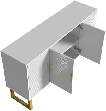 Buffet Salon Blanc Moderne avec 4 Portes Texturées, Façade Brillante, Poignées Dorées, Meuble Elégant, 150x40x82cm – Image 5