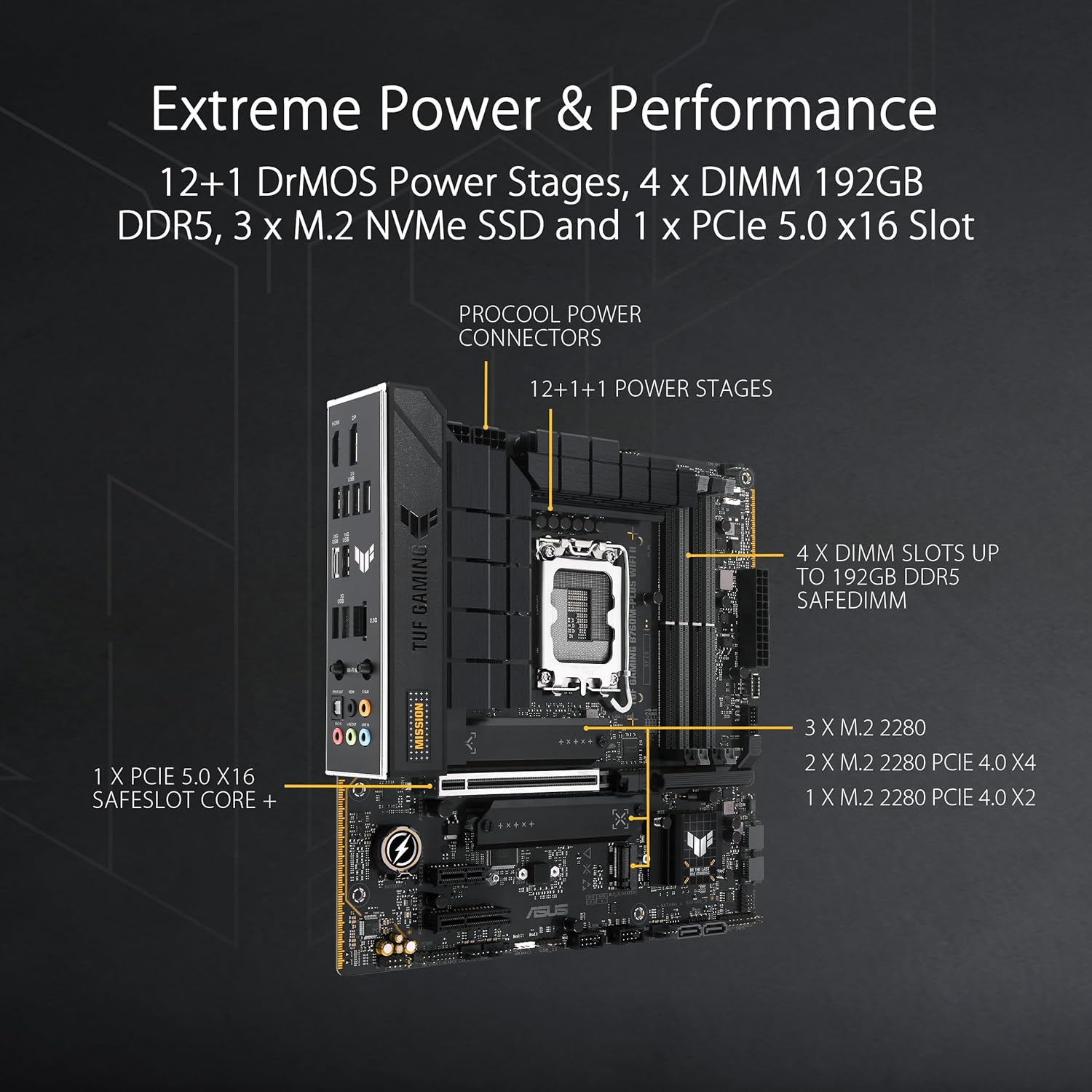 TUF Gaming B760M-PLUS WiFi II Carte mèreB760 LGA 1700 mATX (PCIe 5.0, M.2, DDR5, WiFi 6E, Antenne Q, Realtek 2,5 Go Ethernet, DP, HDMI, SATA 6 Gbps, USB Type-C, Thunderbolt 4, Aura Sync) – Image 4