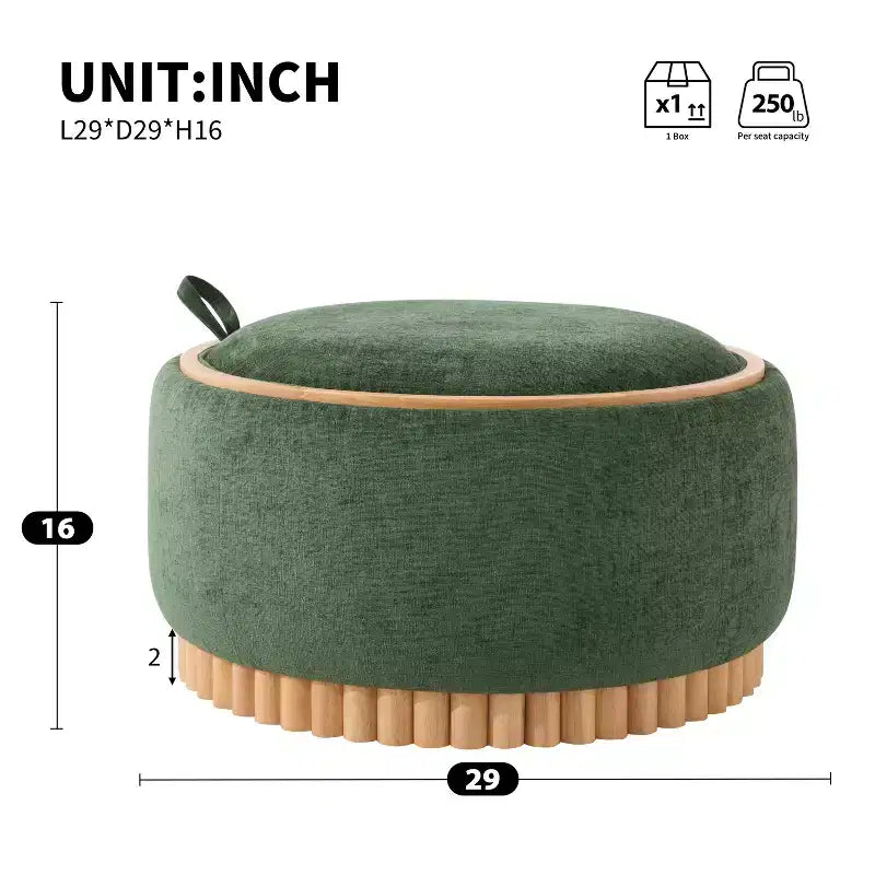 Polibi Round Storage Ottoman with Solid Wood Cylinder Base & Reversible Lid – Image 19
