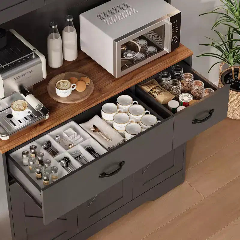 71 Kitchen Pantry Cabinet with Charging Station, Large Countertop, Microwave Stand & 2 Drawers,Hutch Storage for Dining & Living Room – Image 14