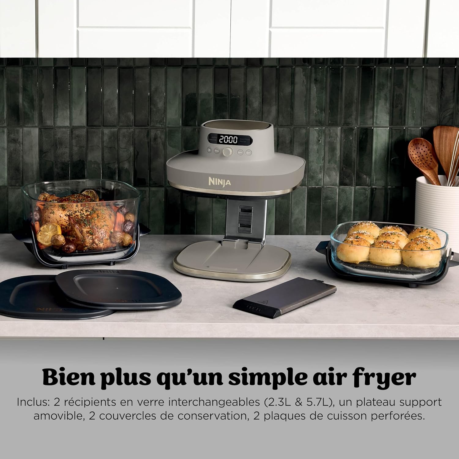 Ninja CRISPi PRO XL, Friteuse sans huile en verre, 5 modes de cuisson prédéfinis, avec contenants en verre CleanCrisp de 5,7 l et 2,3 l, couvercles de rangement, Stone/Or AS090EUSD – Image 4