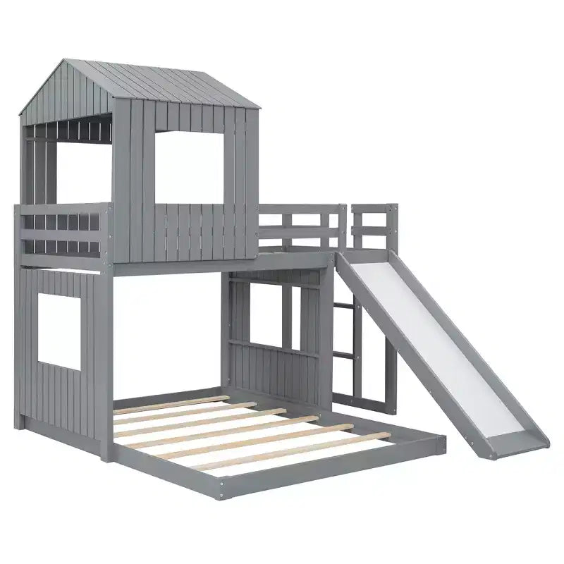Luxystar Twin Over Full Wood Bunk Bed with Playhouse, Slide and Guardrails – Image 10