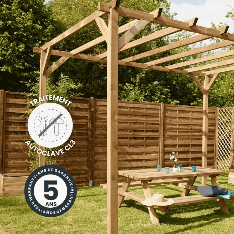 Tonnelle en Bois Magdalie 4x3 m - Pin sylvestre traité Autoclave, Structure Solide 4 poteaux 9x9 cm - Idéale terrasse, Jardin et Espace ombragé – Image 3
