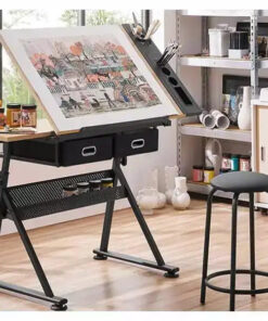 Alternative view of Height Adjustable Drafting Table, 0-75 Tilting Drawing Table Art Desk for Adults, Artist Desk with 2 Storage Drawers, with Stool