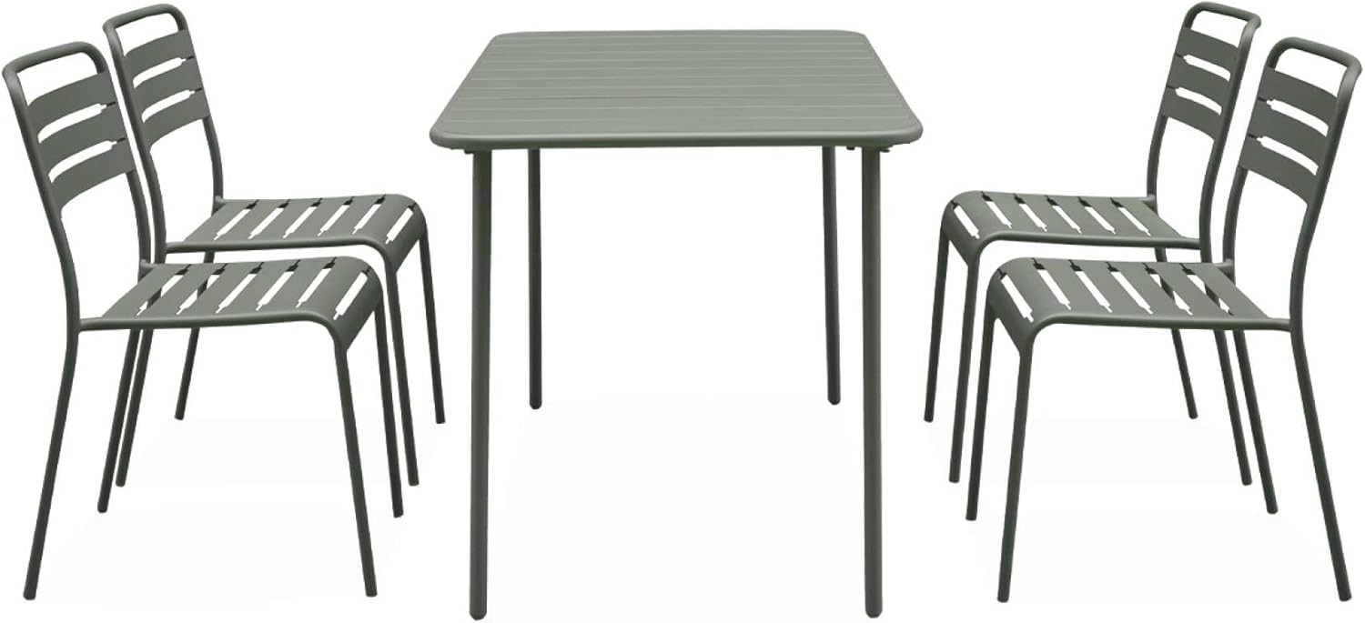sweeek - Table de Jardin métal + 4 assises Anthracite en Kaki. Amelia. 120x70xH72.5cm – Image 4