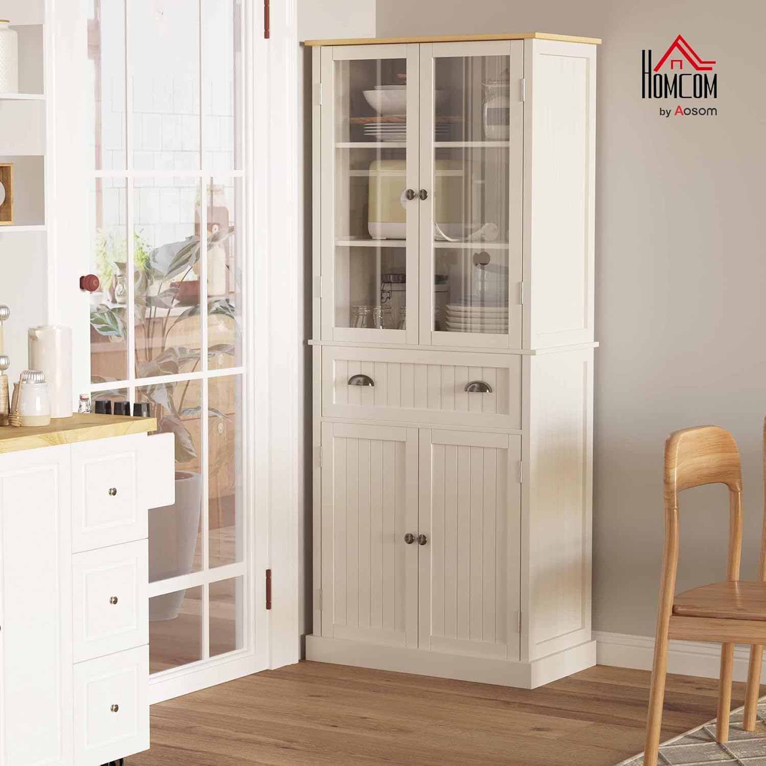 HOMCOM Buffet Meuble Cuisine Rangement Armoire de Cuisine 4 Portes Dont 2 Portes vitrées et 1 tiroir Hauteur 182,5 cm avec étagères réglables - Beige – Image 2