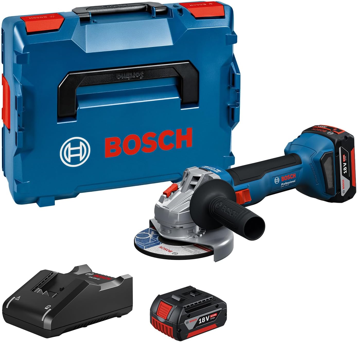 Bosch Professional 18V System meuleuse angulaire sans-fil GWS 18V-8 (diamètre de disque 125 mm, avec 2 batteries GBA 5,0 Ah, chargeur GAL 18V-40, L-BOXX)