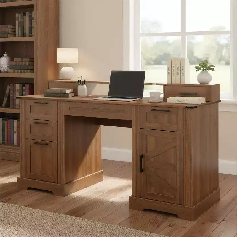 59 Executive Desk with 6 Drawers, Wooden Computer Desk with File Drawer & Charging Station, Home Office Desk Conference Table for Home Office