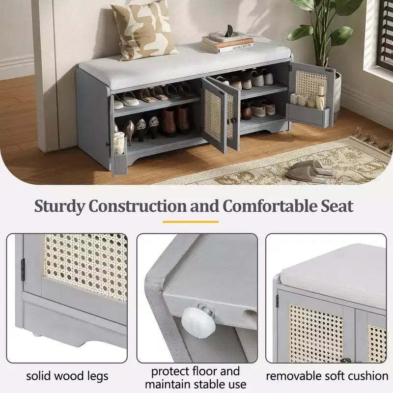 Whisen Rustic Wood Storage Bench, Entryway Shoe Bench with Removable Cushion, Adjustable Shelves – Image 53