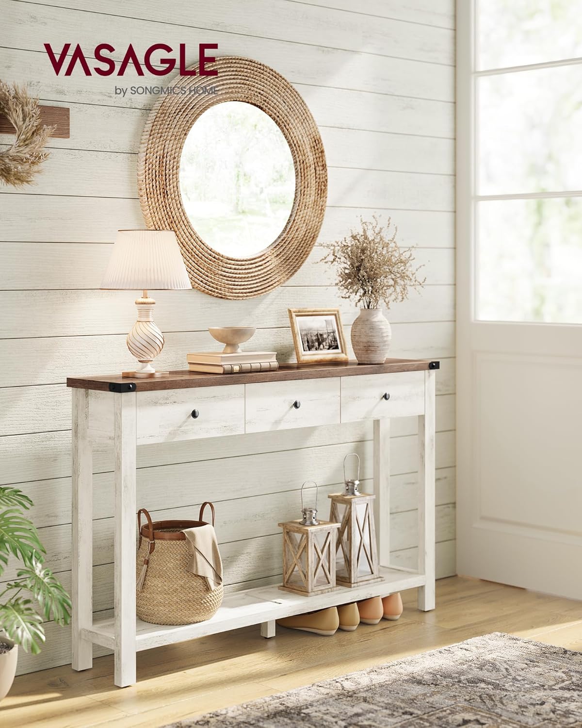 VASAGLE Table Console, Table d'Entrée avec 3 Tiroirs et Étagère de Rangement, pour Entrée, Salon, Style Campagnard, Marron Miel et Blanc Rustique LNT142WJ01 – Image 6