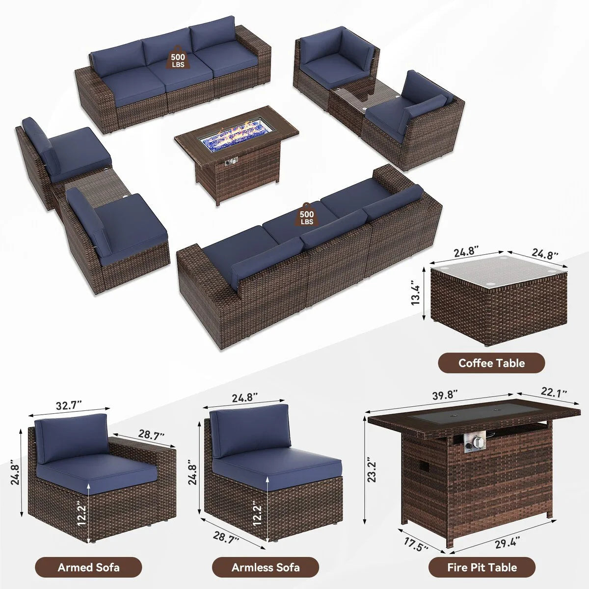 13 Pieces Patio Furniture Set with 44Fire Pit Table – Image 19